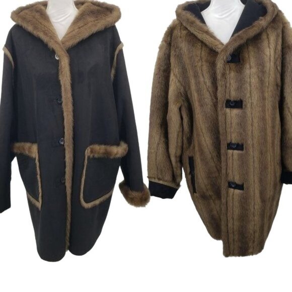 DENNIS BASSO Coat Brown Faux Suede Reversible Faux Fur Cozy Parka Size 1X - Picture 1 of 13